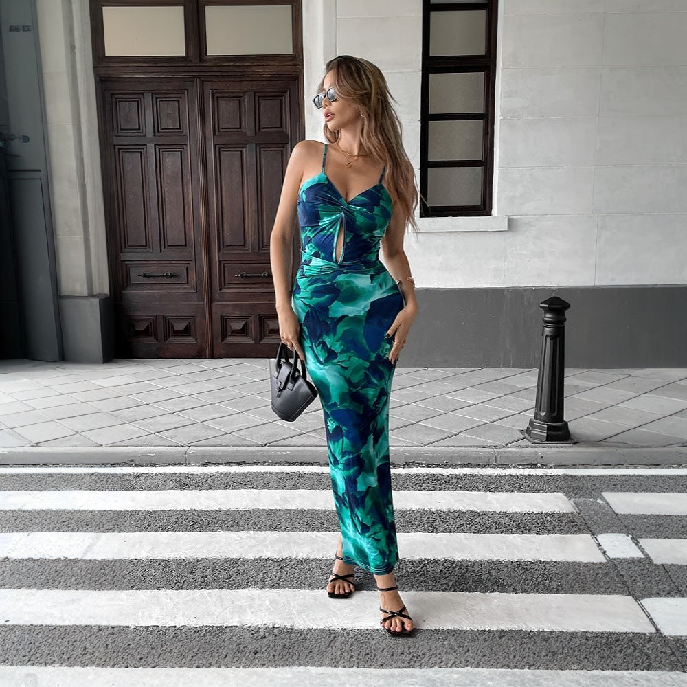 Women Clothing Summer Vacation Dress Sheath Hollow Out Cutout Printed Cami Dress