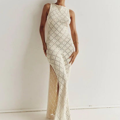 Women Clothing Sexy See through Crocheted Hollow Out Cutout Knitted Long Dress