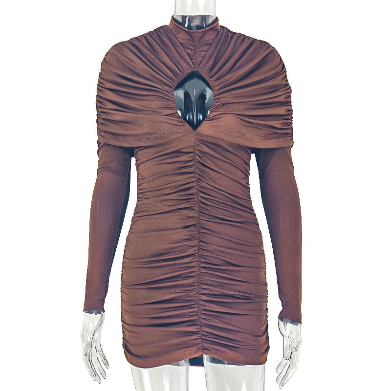 Design Trendy Women Clothing Sexy Cutout Hip Slim Fit Turtleneck Long Sleeve Western Short Dress