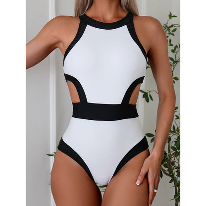 Women Competitive One Piece Black White Contrast Color Swimsuit Sexy One Piece