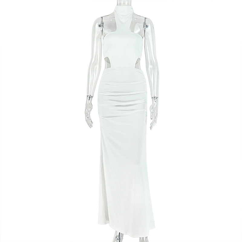 Solid Color Women Slim Fit Chest Wrapped Hip Dress Hanging Collar Sleeveless Split Evening Party Maxi Dress
