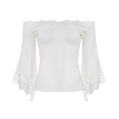 Sexy Lace Patchwork Flared Sleeves off Shoulder Top Women Elegant Solid Color T shirt