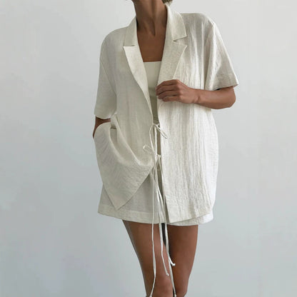 Shirt Outfit Summer Elegant Lazy Collared Tied Shirt Shorts Two Piece Sets