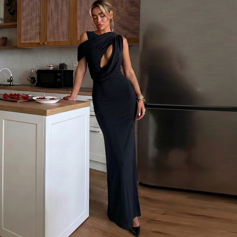 French Hollow Out Cutout Sheath Sleeveless Elegant Sexy Dress Summer Slim Solid Color Maxi Dress