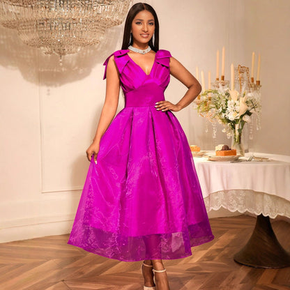 Sexy V neck Bow Sleeveless Dress High Waist Slim Fit Elegant Party Evening Dress