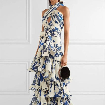 Summer Bohemian Holiday Lace up Lolita Large Swing Dress Printed Dress