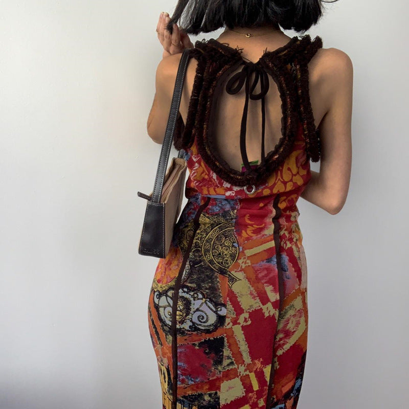 Women Clothing Summer Retro Tie Dyed Printed Sexy U Collar Slim Dress Maxi Dress