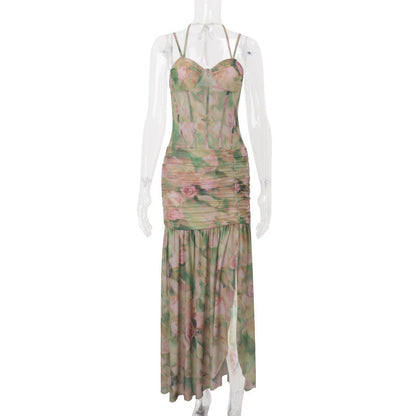 Women Clothing Summer Sexy Spaghetti Strap Floral Print Vacation Beach High Waist Slimming Slit Dress Women