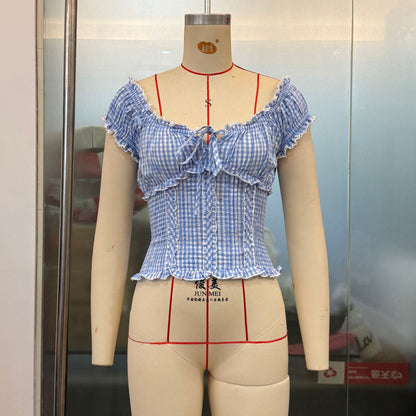 Summer Women Clothing French Plaid Sweet Pure Want Lace Edge Puff Sleeve Short Top