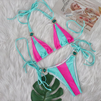 Sexy Crystal Diamond Bikini Solid Color Patchwork Bandage Swimsuit Vacation Split Women Swimsuit