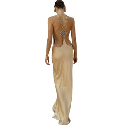 Spring Women Solid Color Irregular Asymmetric Sexy Slim Fit Backless round Neck Sheath Dress for Women