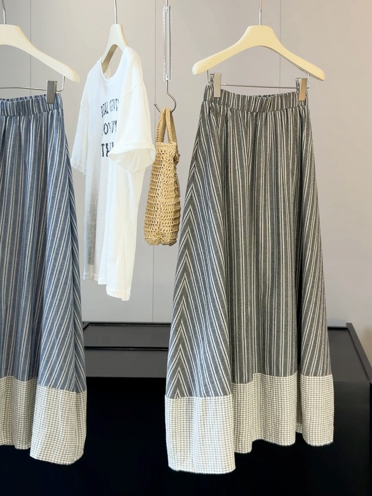Retro Plaid Stitching Striped Skirt Women Summer High Waist Slimming Drape A line Umbrella Skirt