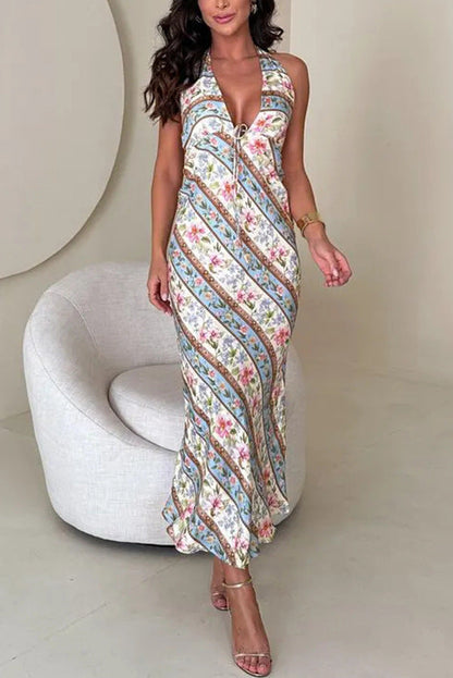 Summer Sexy Printing Halter Backless V neck Dress