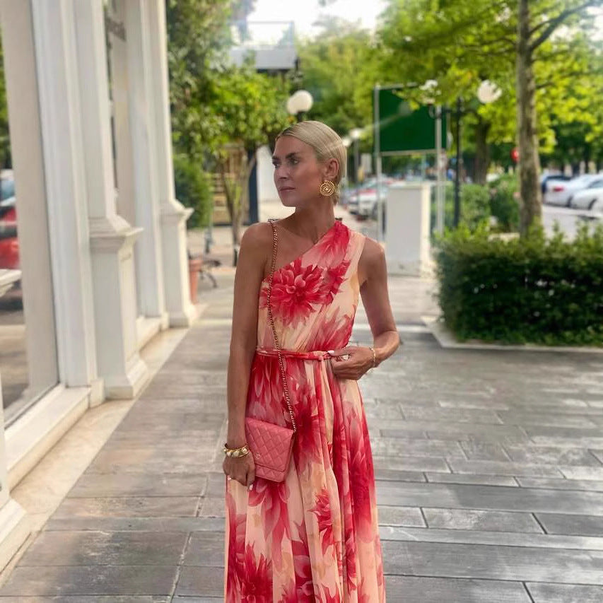 Summer Shoulder Waist-Controlled Lace up Wide Hem Printed Dress Women