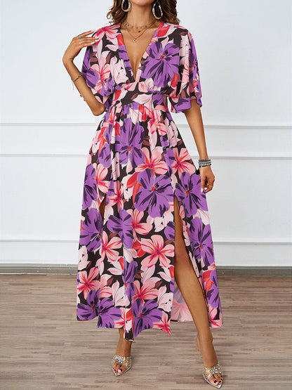 Summer Floral Print Maxi Dress Elastic Band Waist Tight Big V neck Short Sleeve Dress for Women