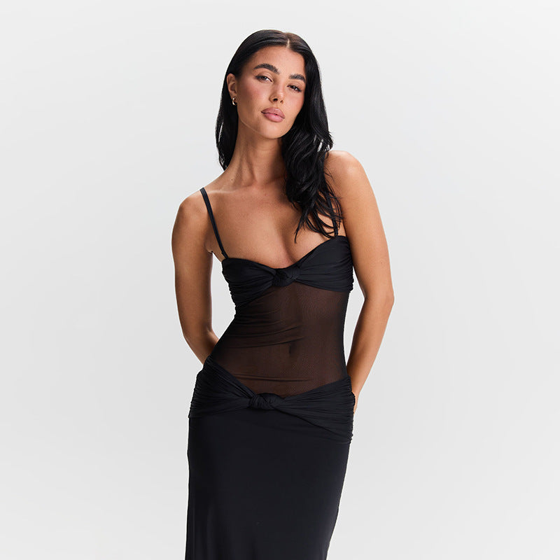 Women Clothing Detachable Shoulder Strap Twist Mesh Slim Fit Dress