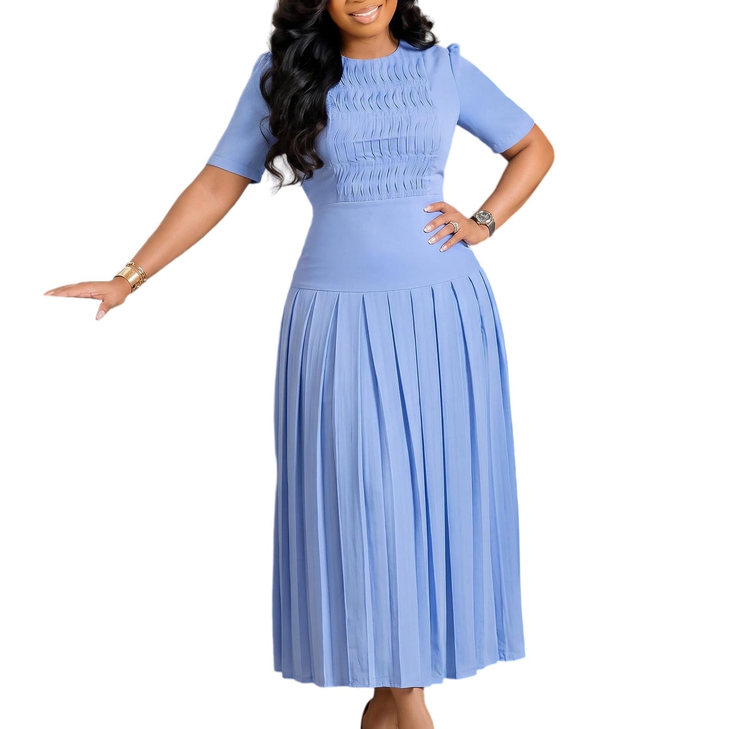 Women Clothing Pleated round Neck Stitching Pleated Dress