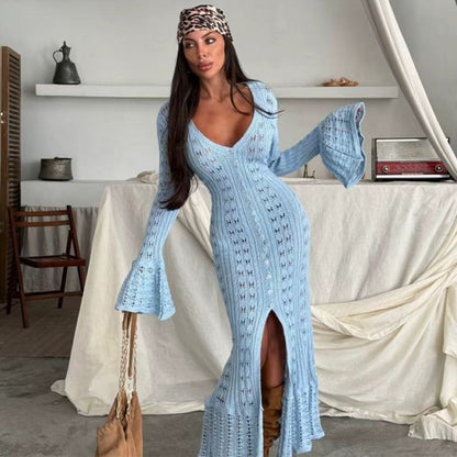 Solid Color Long Knitted Cardigan Coat Hollow Out Cutout Bell Sleeve Idle V neck Women Overall