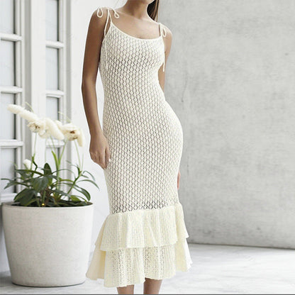 Summer Knit Halter Dress Hollow Out Cutout Seaside Holiday Beach Flounce Long Dress Women Overall Hip