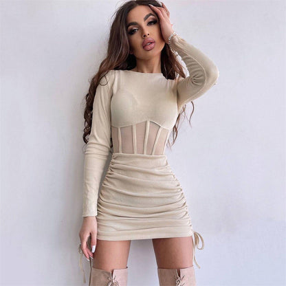Mesh Hollow Out Cutout Waist Dress for Women Spring Summer Women Wear round Neck Sexy Long Sleeve Pleating Short Dress for Women
