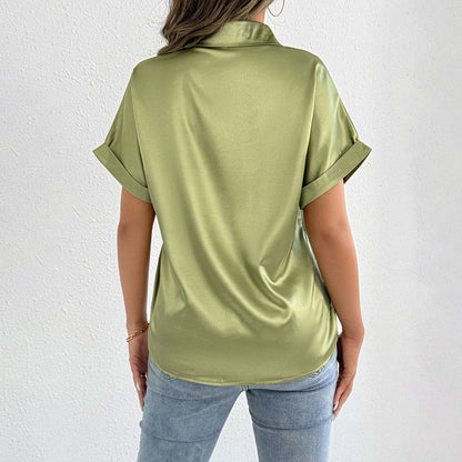 Women Clothes Summer Blue Color Satin Shirt Women Satin Shirt