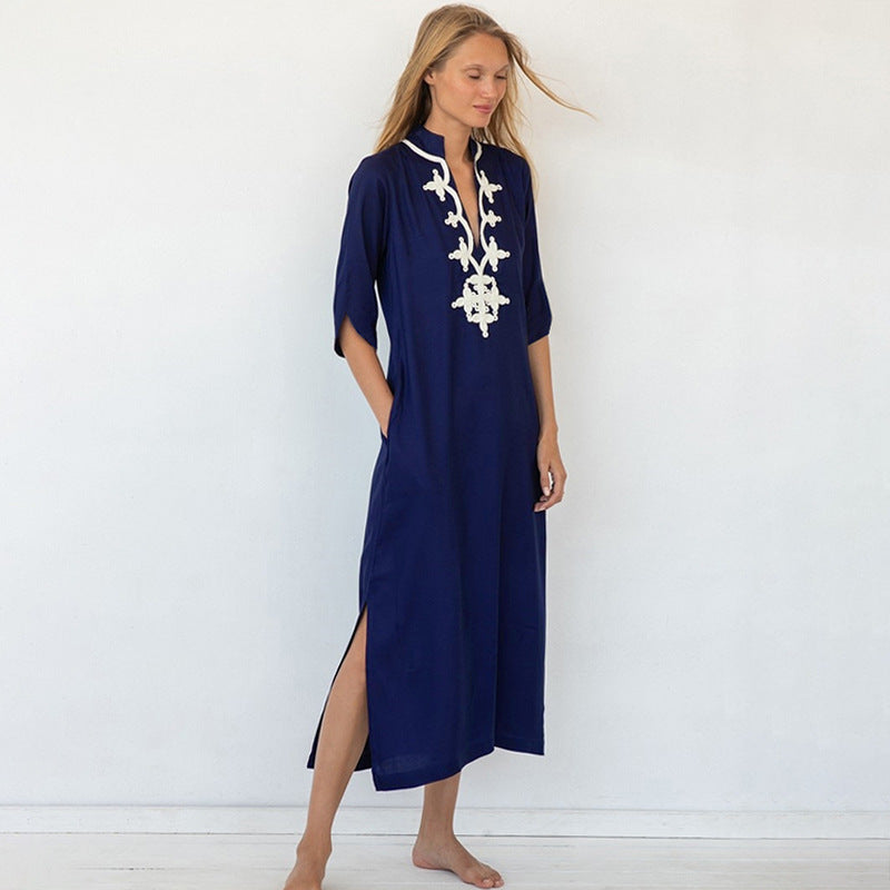 Rayon Embroidered Casual Maxi Dress Women Beach Jacket Seaside Vacation Maxi Dress Beach Cover Up