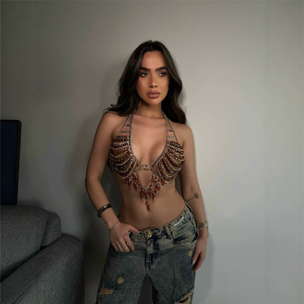 Women Handmade Beaded Chest Necklace Halter Body Cha Top Sold Jewelry Vest
