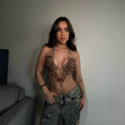 Women Handmade Beaded Chest Necklace Halter Body Cha Top Sold Jewelry Vest