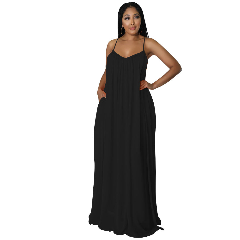 Women Chiffon Solid Color Casual Backless Cami Dress