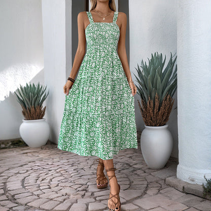 Summer Printed Suspender Sweet Floral Backless Dress