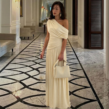 Women Clothing Spring Arrival Fashionable Sexy Diagonal Collar Pleated Asymmetrical Solid Color Dress