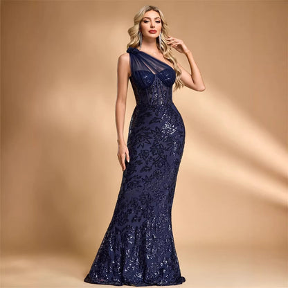 Sequin Oblique Shoulder Applique Evening Dress Women Cocktail Fishtail Host Toast Dress