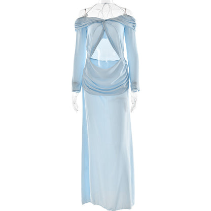 Summer Arrival Twisted Chiffon off Shoulder Maxi Dress Sexy Cropped Pleated Dress