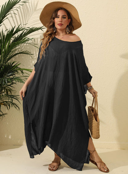 Women Clothes Solid Color Loose Blouse Beach Vacation Split Mop Dress
