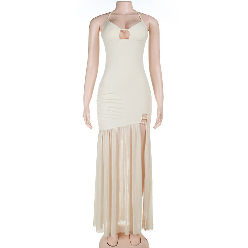 Spring Sexy Beads Decorative Mesh Splicing Sling Dress