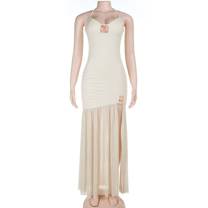 Spring Sexy Beads Decorative Mesh Splicing Sling Dress
