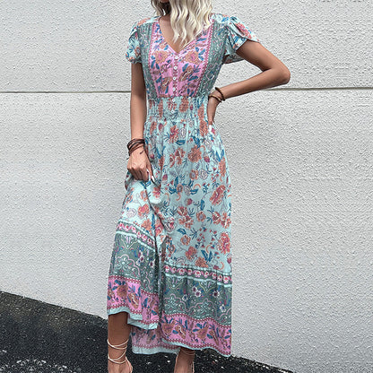 Women Summer Ethnic Holiday Dress V neck Tight Waist Petal Sleeve Mid Length Split Dress
