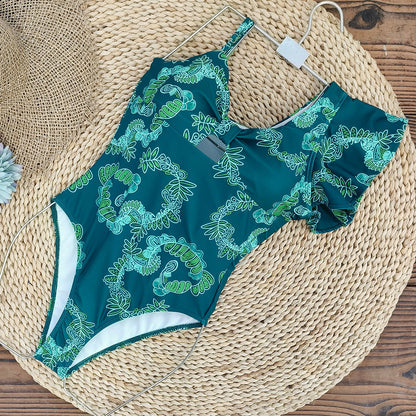 Asymmetric Ruffled Printing Sexy One Piece Swimsuit Women Two Piece Swimsuit
