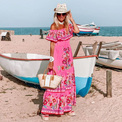 Spring Summer off Shoulder Printing Long Large Hem Dress