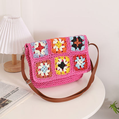 Sources Grandma Plaid Crossbody Straw Bag Contrast Color One Shoulder Straw Bag Woven Bag Women Beach Bag