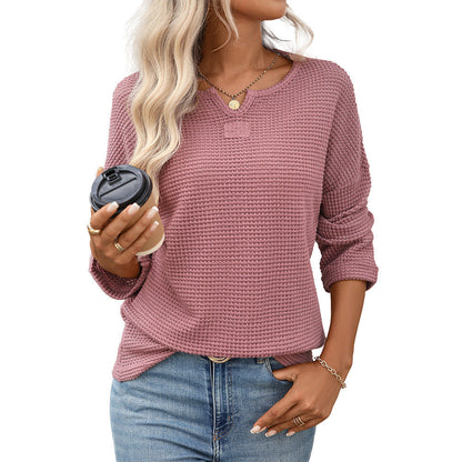 Women Clothing Season Autumn Striped Waffle Knitted Top T shirt Women