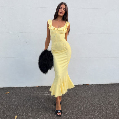 Summer Vacation Ruffled Tied Floral Dress Sexy Slit Slim Fit Fishtail Dress Women