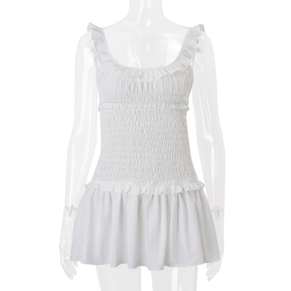 Women Clothing Spring Sexy Elegant Wooden Ear Pleated Strap Pleated Dress Short for Women