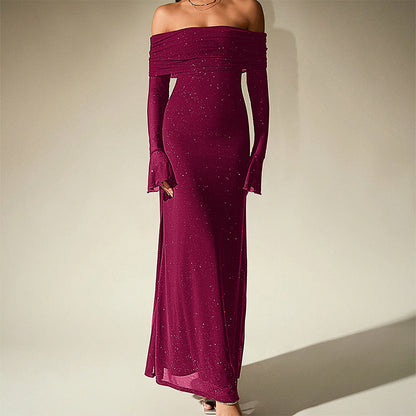 Mesh Silver Square Dress Sexy off Shoulder Flared Long Sleeve Dress Maxi Dress