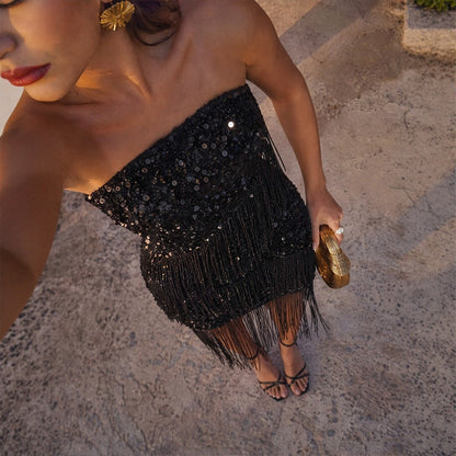 Sequined Tassel Tube Top Dress Women Summer Sexy Slim Hip Short Dress