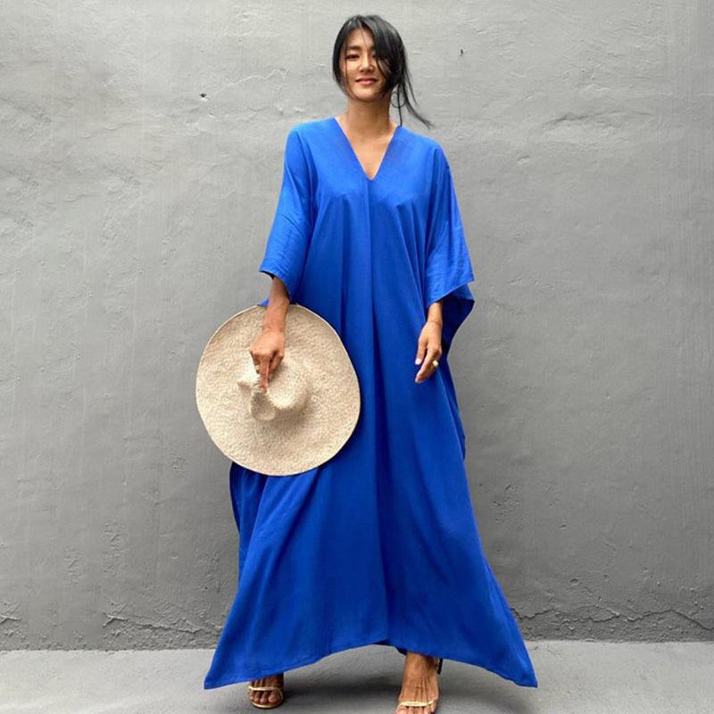 Rayon Loose Robe Beach Cover Up Sexy V Neck Headband Belt Sun Protection Dress Women