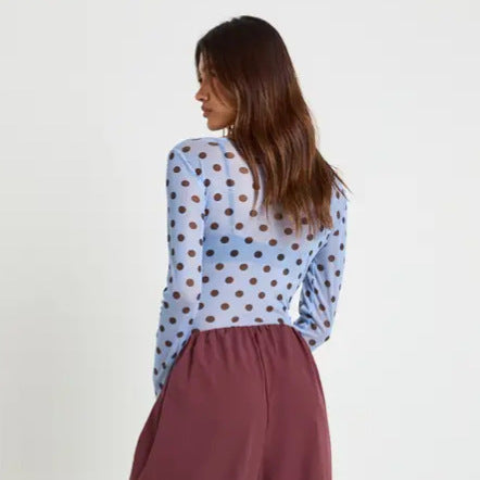 Simple Dot Mesh See through Niche Slim Fit Long Sleeve round Neck Top Bottoming Shirt Women Clothing