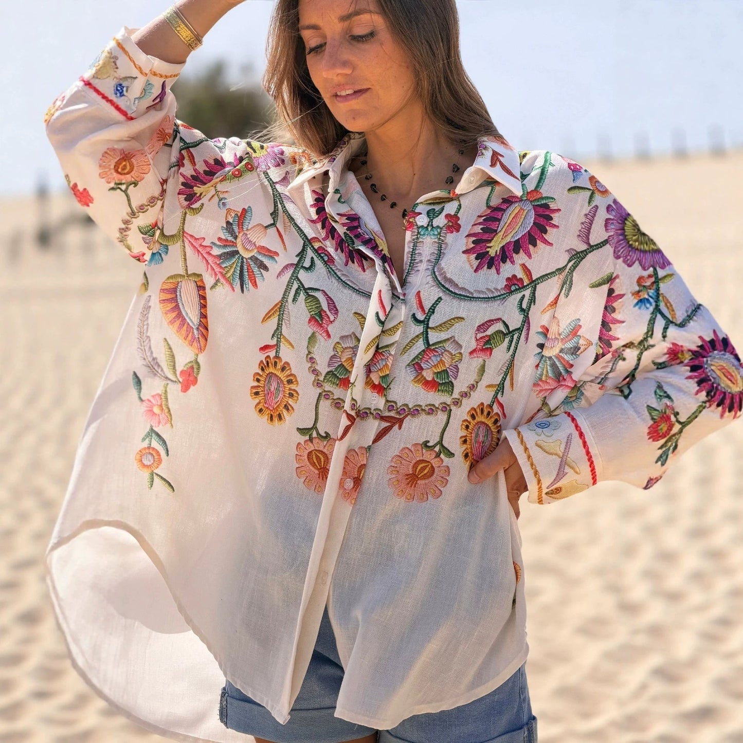 Spring Summer Linen Positioning Printed Long Sleeved Shirt Loose Vacation Women Top