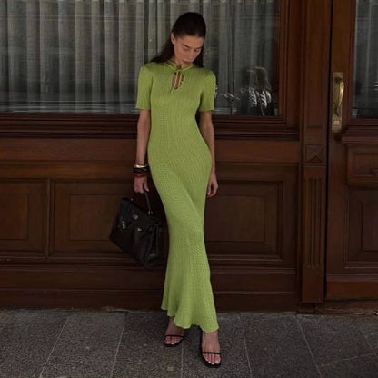 Summer Women Candy Color Slim Fit Dress Women Summer round Neck Short Sleeves Knitted Long Sweater Dress