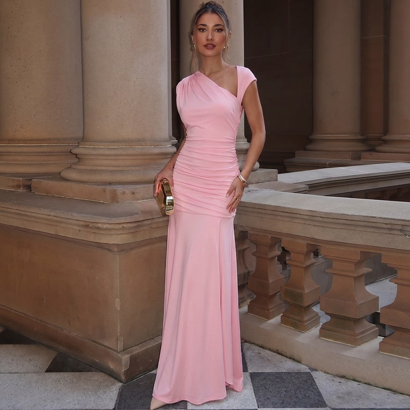 Women Clothing Summer Slim fit Sexy Cutout Fitted Waist Pleated Solid color Dress